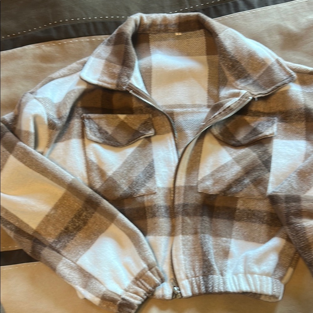 Plaid Zip-Up Jacket in Brown and Cream